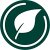 A dark green circle icon with a white symbol in the middle, of a leaf.